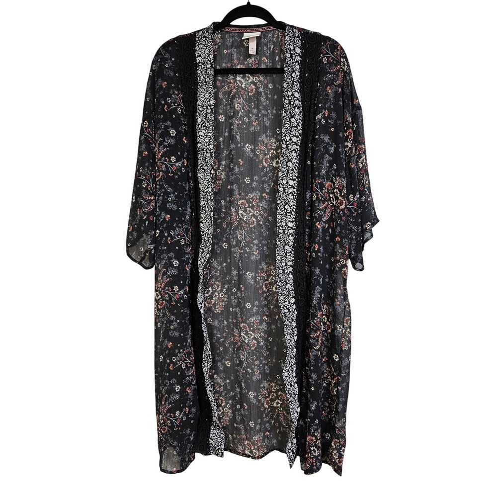 Knox Rose Black Floral Boho Cottagecore Long Kimono Cardigan Med Layer Festival